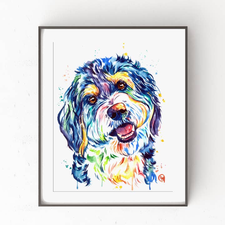 Bernedoodle Art Print, Dog breed art, Pet Shop Decor, doodle for wholesale by Whitehouse Art