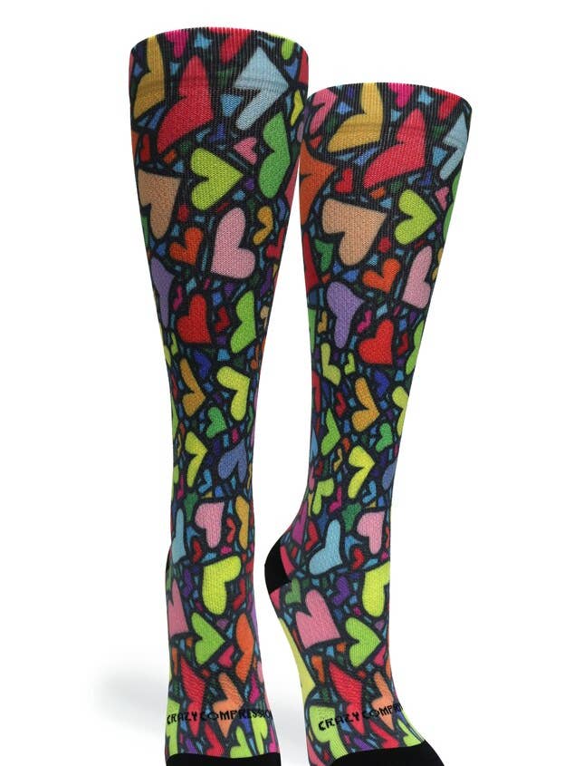 360 Stain Glass Hearts OTC Compression Socks (Standard & Extra Wide) for wholesale by Crazy Compression