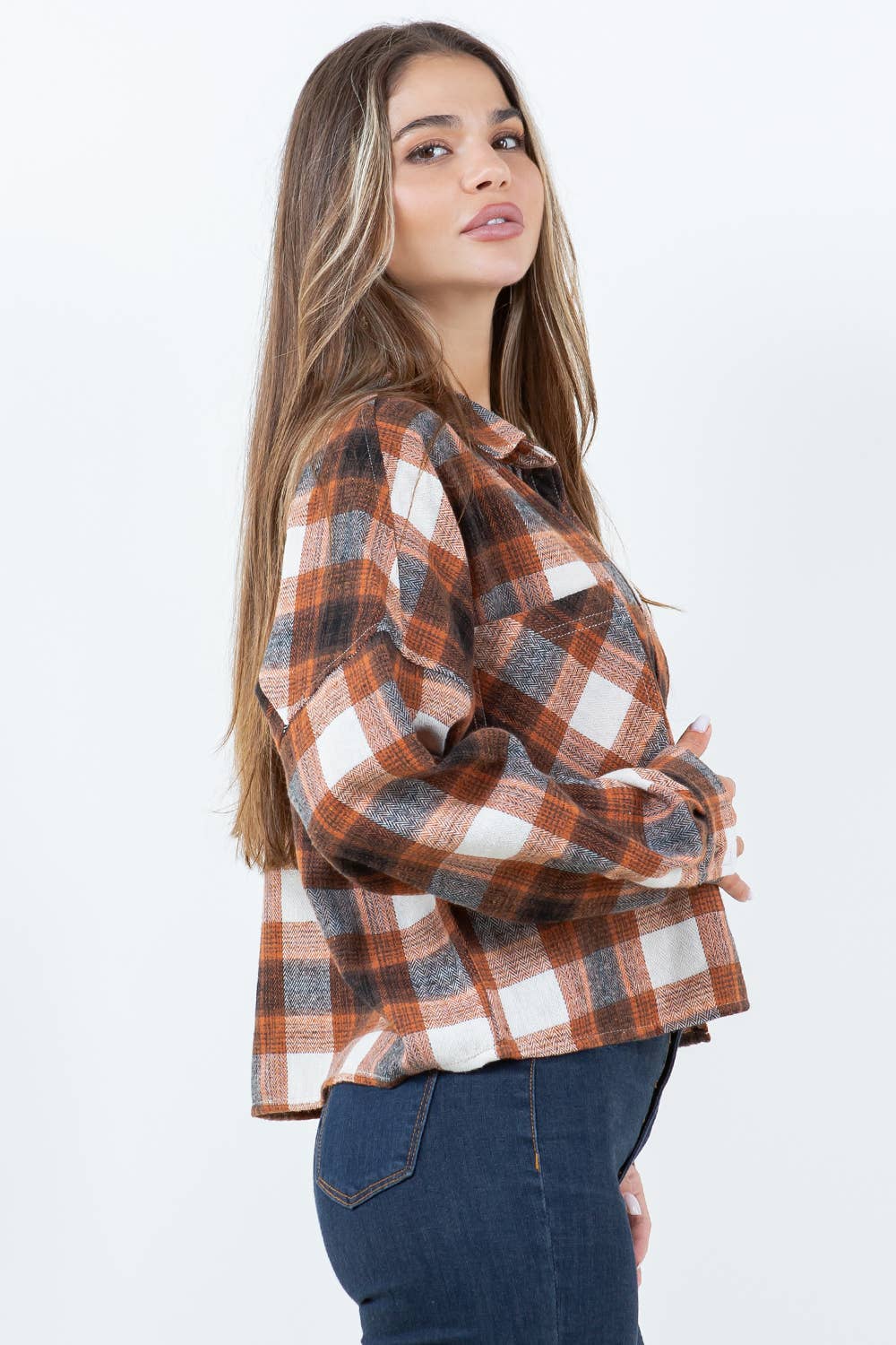 Veracci - Wholesale Button Down Shirt - Women's - Boxy Cropped Long Sleeve Plaid Over Shirt23