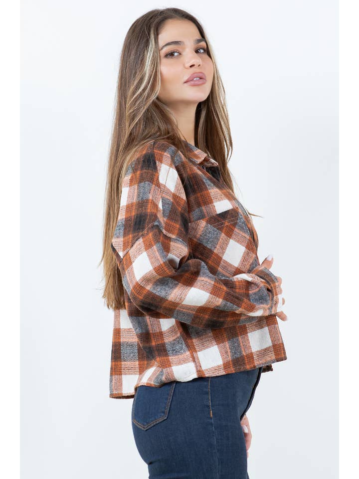 Veracci - Wholesale Button Down Shirt - Women's - Boxy Cropped Long Sleeve Plaid Over Shirt23