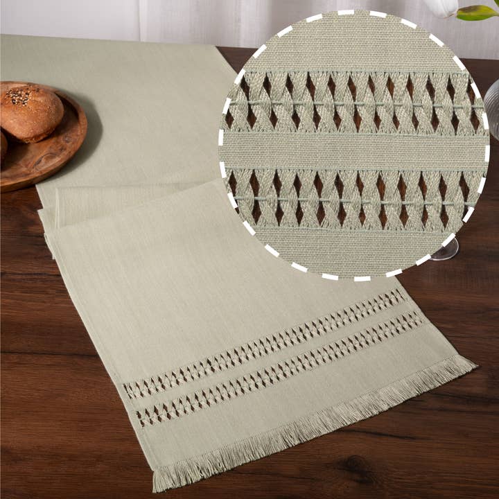 Sage Green Faux Linen Table Runner - Hand Hemstitch for wholesale by D'Moksha