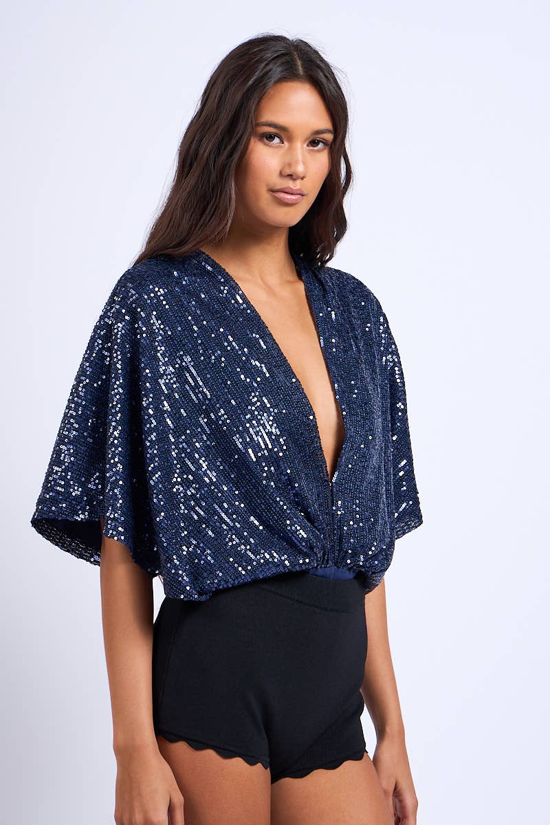 Sky to Moon - Wholesale Bodysuit - Women's - SEQUIN GLITTER PLUNGING NECK HALF SLEEVE BODYSUIT18