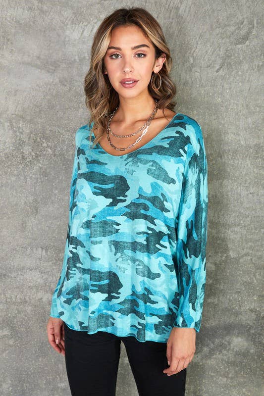 Turquoise Camo CAMOUFLAGE PRINT LONG SLEEVE V-NECK TOP (9638-CAMOUFLAGE) for wholesale on Faire0