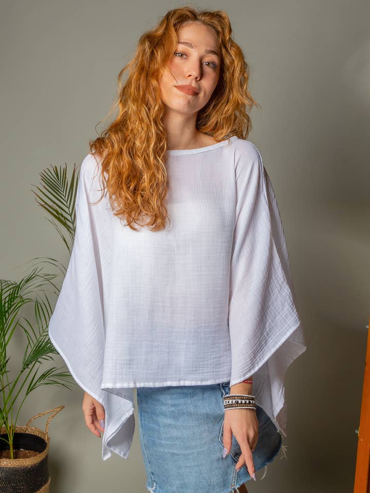Moa - Wholesale Blouse - Women's - White Off Shoulder Crinkle Cotton Blouse Top2