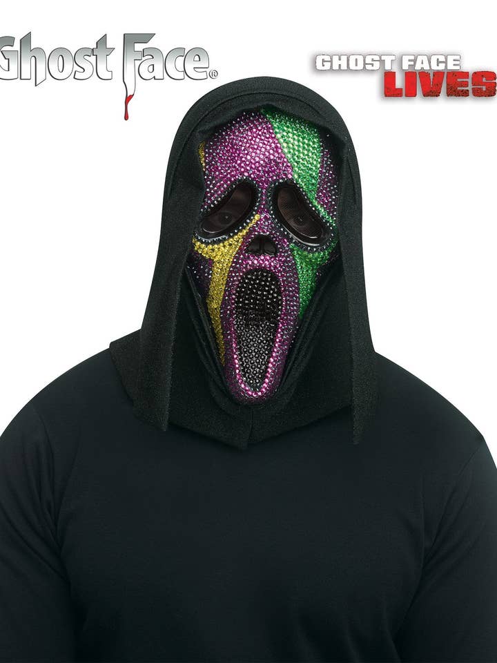 The Mardi Gras Krewe - Wholesale Costume - Unisex - Ghost Face Scream Mask with Mardi Gras Bling - Purple, Green, Gold Rhinestones, Black Sparkle Shroud - Officially Licensed Fun World Mask