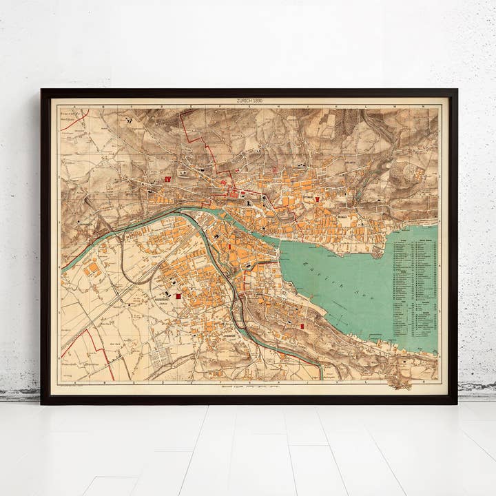 Old Map of Zurich Switzerland 1890 Vintage Map | Vintage Map Wall Art Print for wholesale by OldCityPrints - Old Maps and Posters