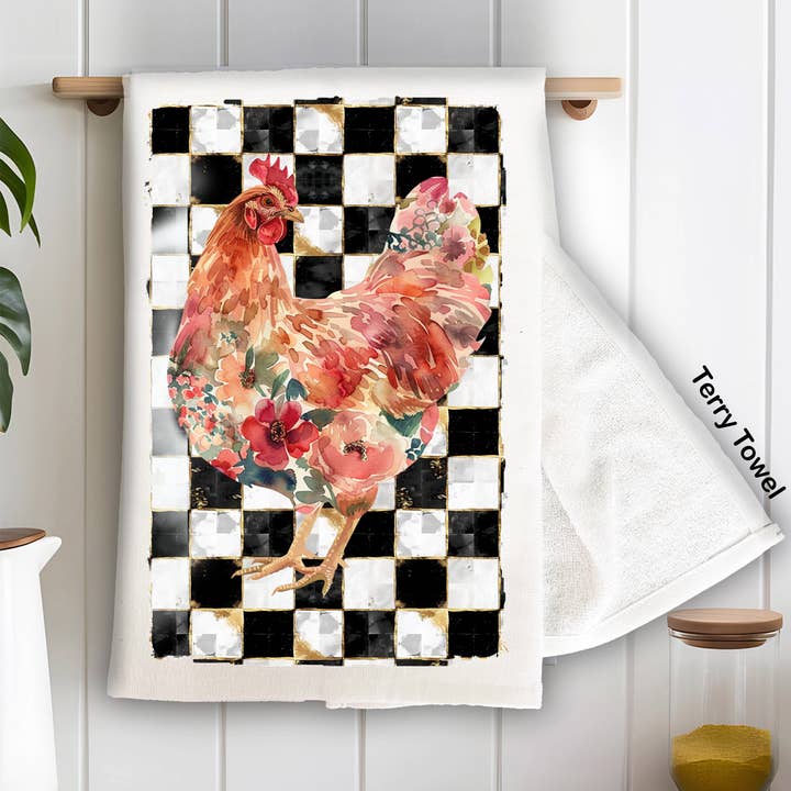 Checkered Colorful Chicken Kitchen Terry Towel for wholesale by Avery Lane Gifts