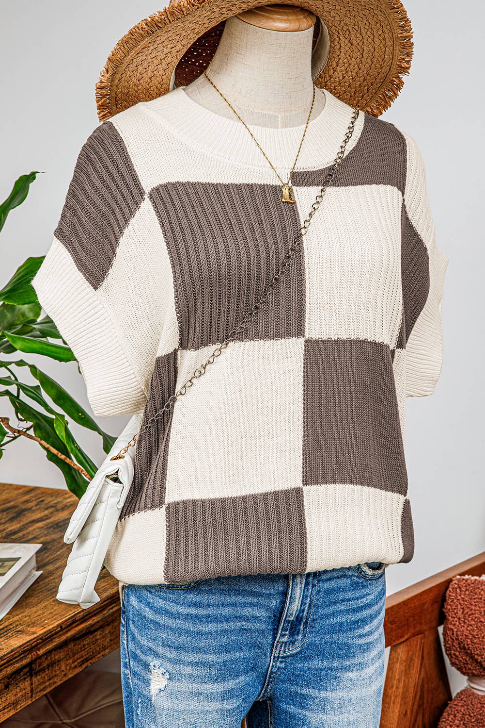 fashionworks - Wholesale Knit Sweater - Women's - Fashion-W Checkered Colorblock Short Sleeve Sweater8