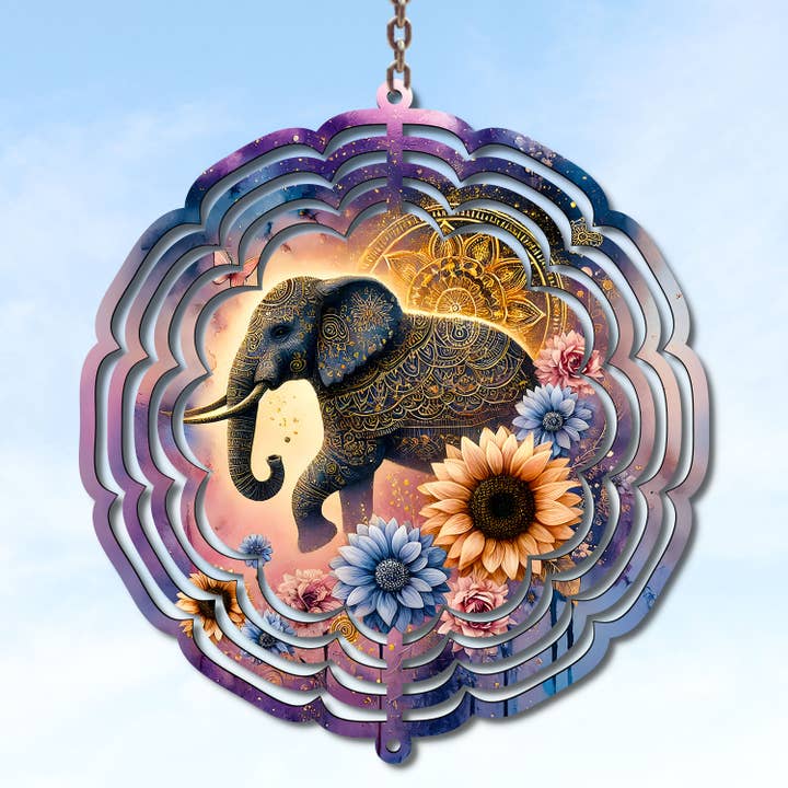 Éolienne Éléphant Bohème – Mandala Tournesol – Métal 10" pour la vente par Uniquely Designed By Rebecca