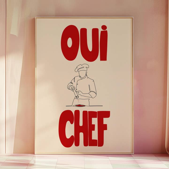 Oui Chef Kitchen Print: French Culinary Art, Red Font for wholesale by Hound & Fox Print Co