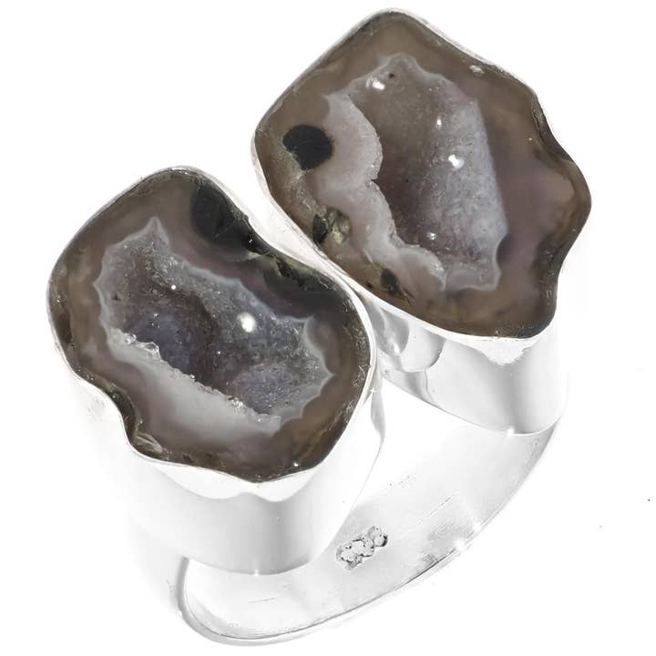Bague en argent sterling 925 avec paire de géodes de Tabasco mexicaines en druse, taille 6. pour la vente par FifiRose