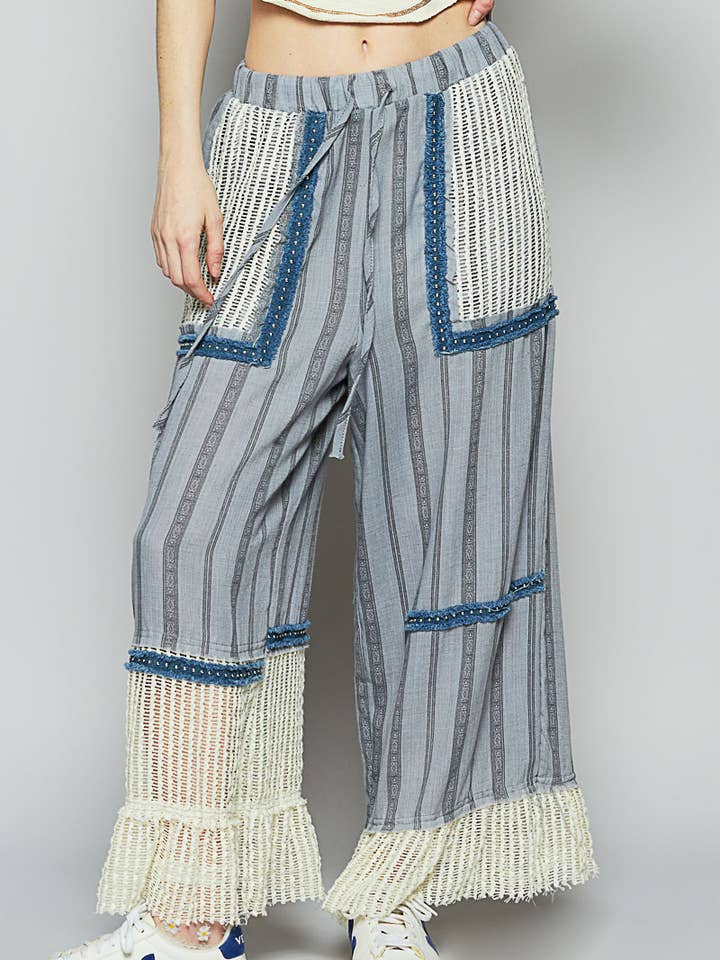 Striped double gauze crochet wide woven pants for wholesale by Pol Clothing