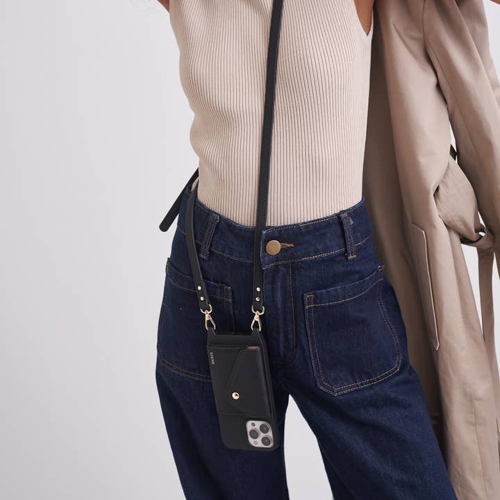 Louve Collection - Wholesale Phone wallet – women's - Zoë Black Leather Phone Case Wallet & Matching Strap7