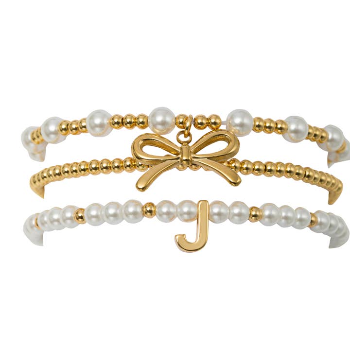 18K Gold Plated Set of 3 Pearl Bracelet with Bow & "J" for wholesale by Jane Marie