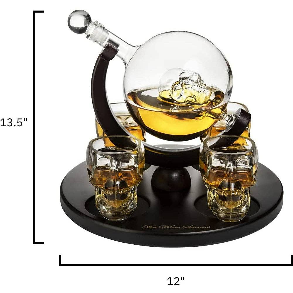 The Wine Savant /  Khen Glassware - Wholesale Decanter - Large Skull Decanter 4 Glasses - Beautiful Wooden Base - By2