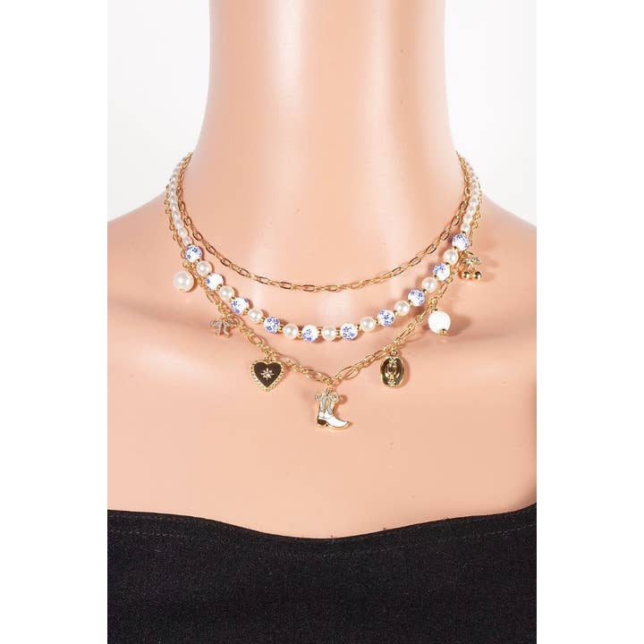 The Looks by Fame Accessories - Wholesale Pendant/Charm Necklace - Western Heart Charms Floral Ceramic Beaded Necklace