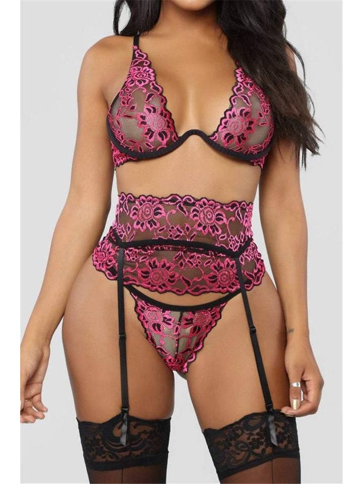 La Belle Fantastique - Venta al por mayor Conjunto de lencería - Mujer - La Belle Fantastique Conjunto de lencería sexy de 3 piezas, sujetador, liguero y bragas transparentes, lencería nupcial | Regalo para ella