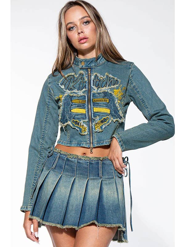 Medium tvätt Vintage jeansjacka med dragkedja med mockhals för wholesale på Faire