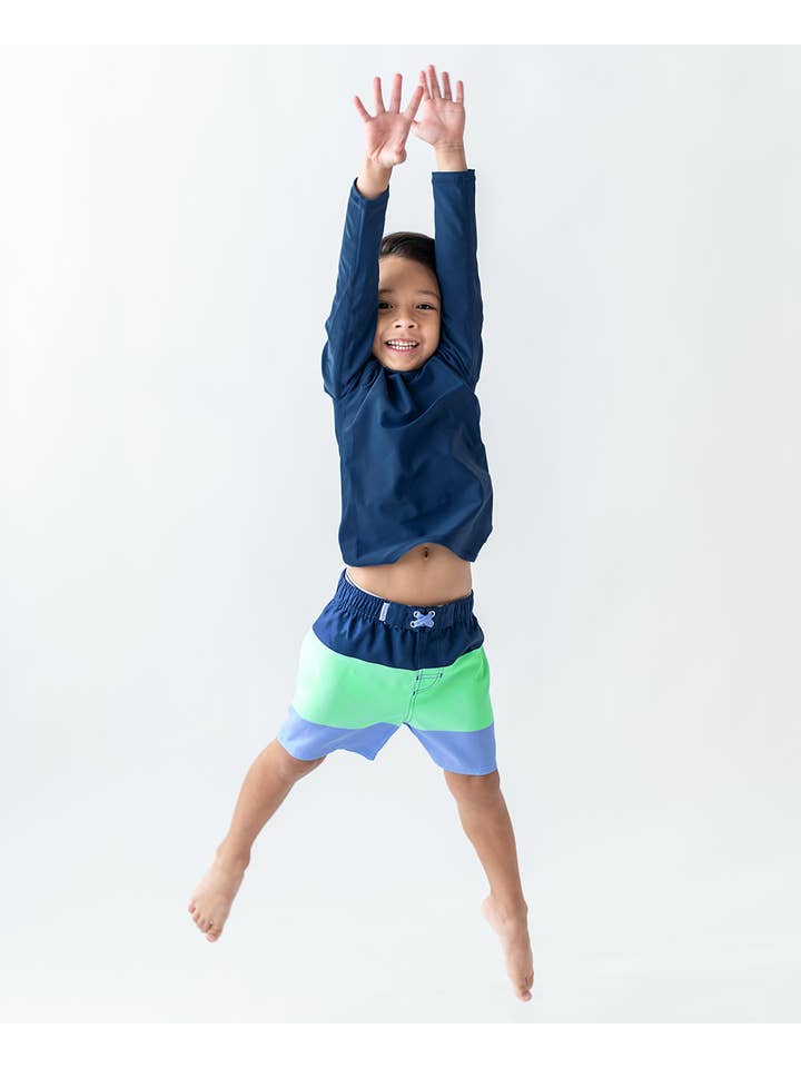RuffleButts + RuggedButts - Wholesale Swim Shorts - Kids - Boys Mint & Blue Color Block Swim Trunks