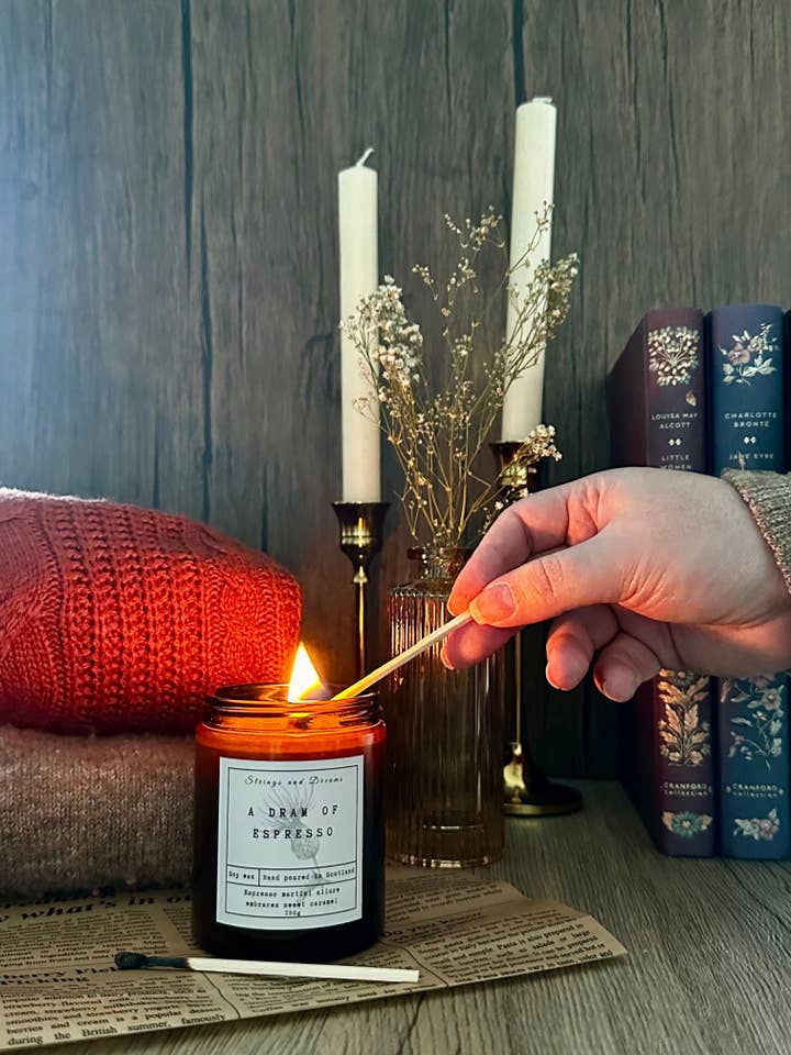 A dram of Espresso soy wax candle for wholesale by Strings and Dreams Ltd