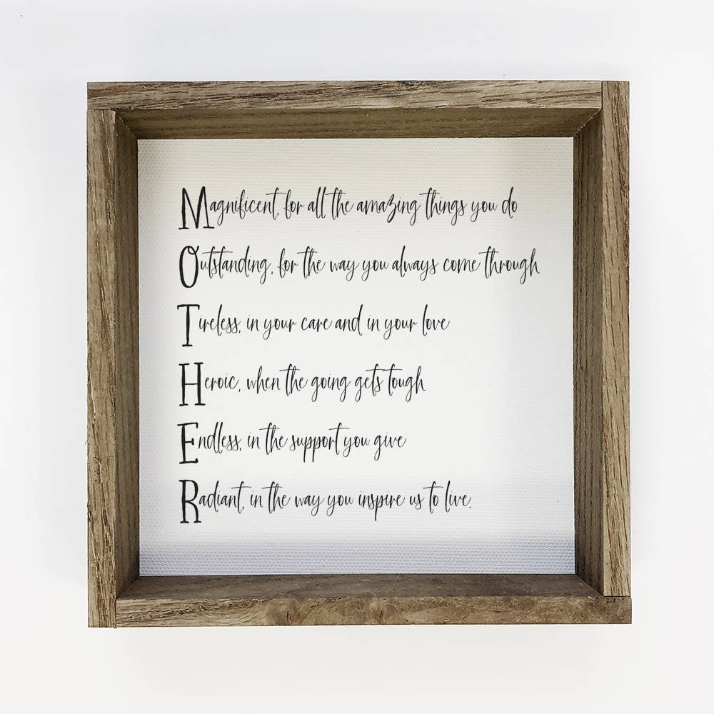 Hangout Home - Wholesale Sign - MOTHER Acrostic Poem Wood Frame Sign - Mother's Day Gift0