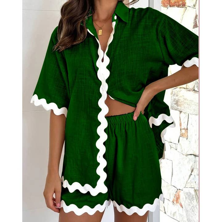 Short sleeve cardigan top with Shorts with wave trim detail for wholesale by Mapcie