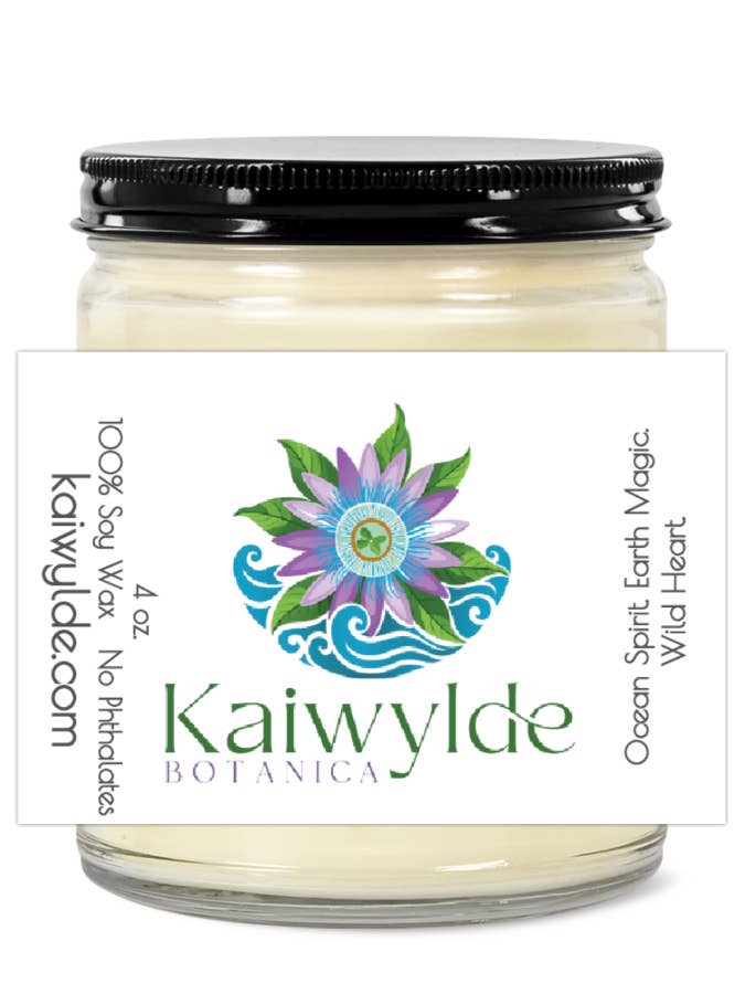 Kaiwylde Botanica 4oz Clear Jar Candle | 2.25"x1.5" White Label | Black Lid for wholesale by Pluff Mud Mercantile