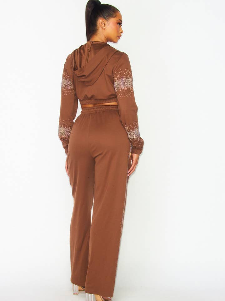 Brown Desi Embellished Rhinestone Lounge Pant Set (HGC9363) for wholesale on Faire