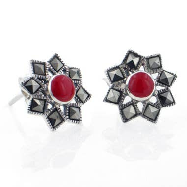 Starburst Stud Øreringe Marcasite koral sterlingsølv for engroshandel hos Silver Insanity
