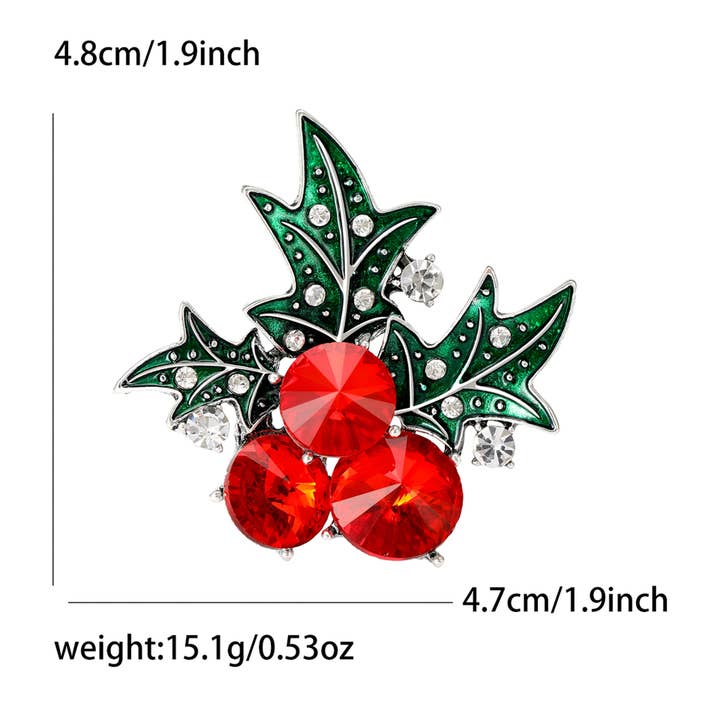 Tourtiwi - Wholesale Brooch - Christmas Red Berries & Green Leaves Rhinestone Holly Brooch6