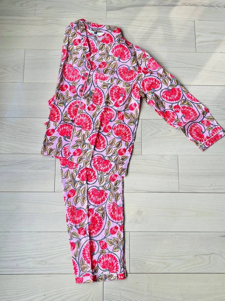 Long PJ Set in Red Floral for wholesale by AMRANIS