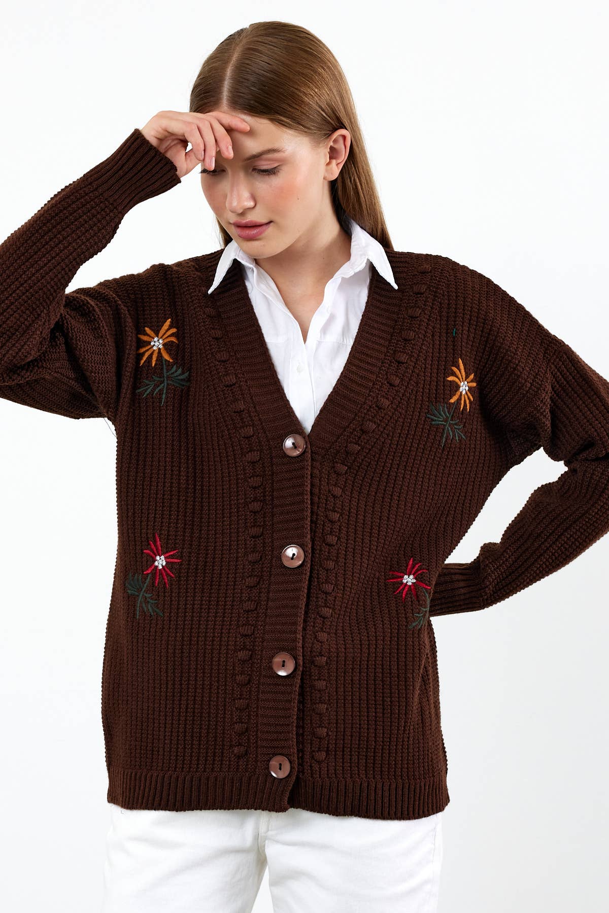 VAV NEW YORK - Vente Cardigan – femme - Cardigan en tricot à fleurs Cardigan en tricot mi-long - 38102