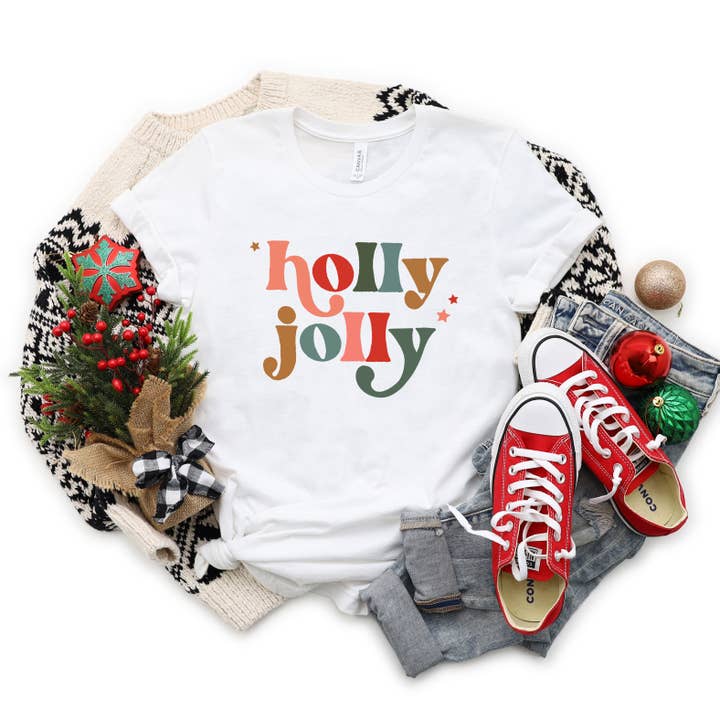 Olive And Ivory Wholesale - Wholesale Screen Printed T-Shirt - Women's - Holly Jolly Stars | Short Sleeve Graphic Tee | Christmas