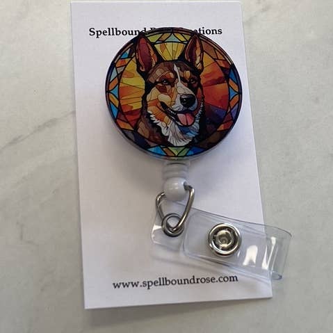 Faux Stained Glass Australian Cattle Dog Badge Reel for wholesale by Spellbound Rose Creations