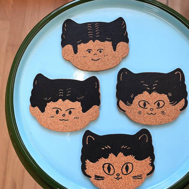 Natali Koromoto - Wholesale Coasters - "Cat Person" Set of four cork coasters4