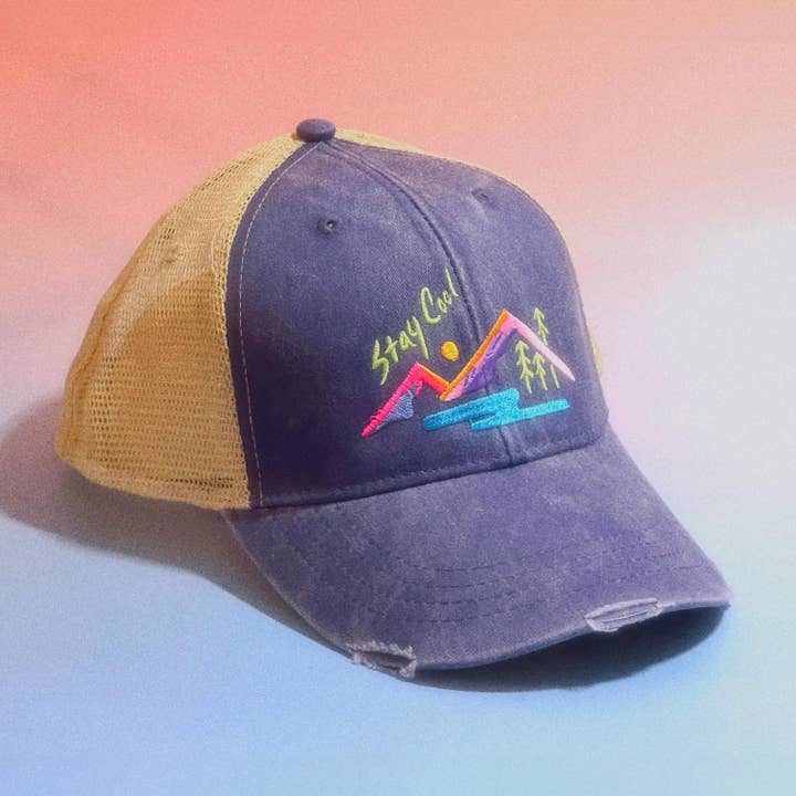 Stay Cool 90s Retro Landscape Embroidered Baseball Cap for wholesale by The Space Bureau