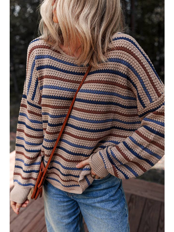 Multicolour LDC Striped Knitted Drop Shoulder Crew Neck Sweater for wholesale on Faire