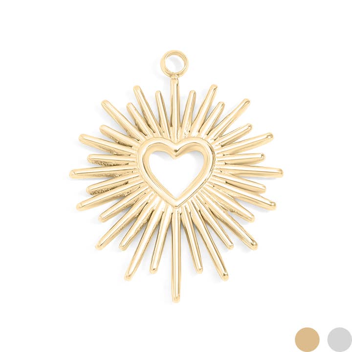 WJW - Wholesale Individual Charm/Pendant - 18K Gold PVD Stainless Steel Textured Sunburst Heart Charm