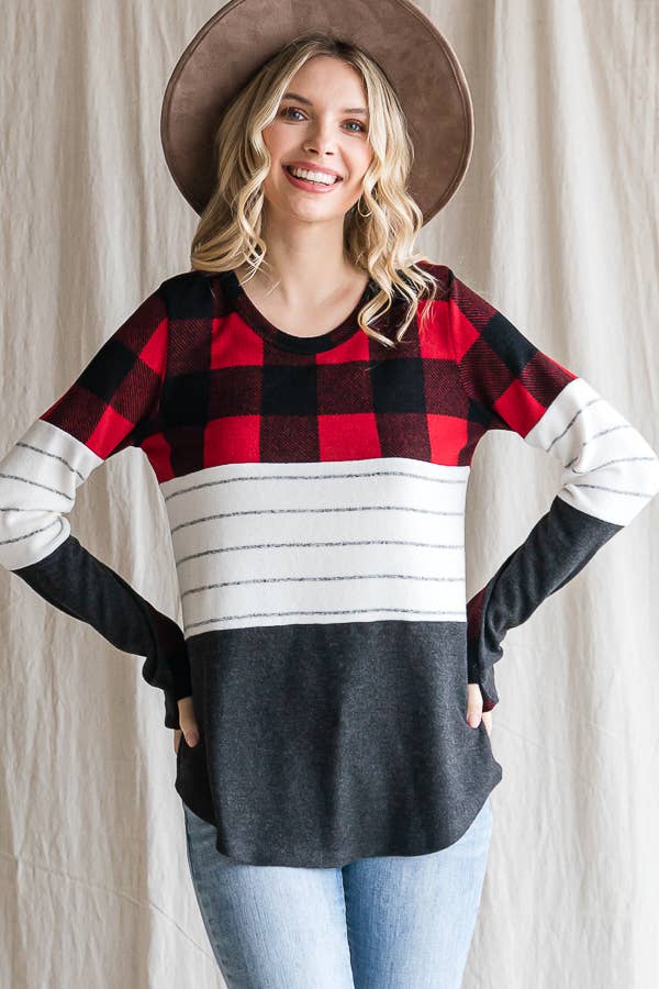 7th Ray - Wholesale Knit Top - Women's - Cozy Color Block Plaid Striped Thumbhole Pullover TopT4423-117