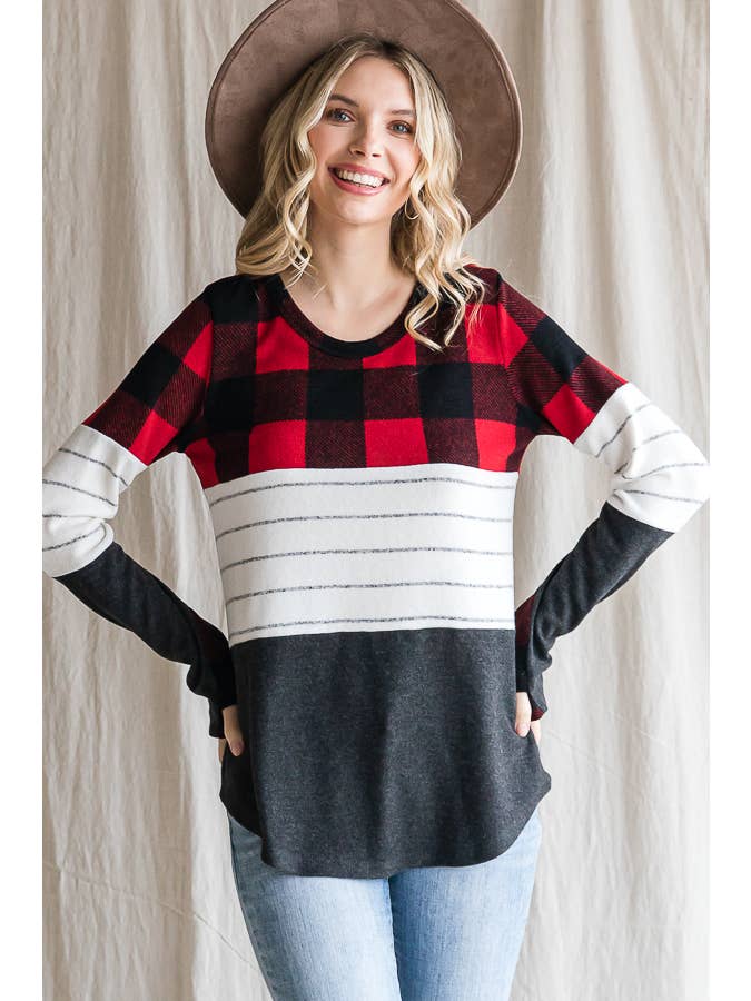 7th Ray - Wholesale Knit Top - Women's - Cozy Color Block Plaid Striped Thumbhole Pullover TopT4423-117