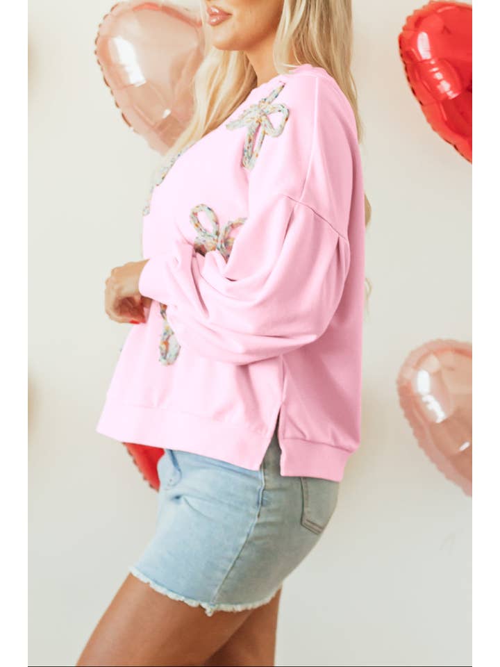 PRETTY BASH - Wholesale Sweatshirt - Women's - Bow Embroidered Lantern Sleeve Sweatshirt