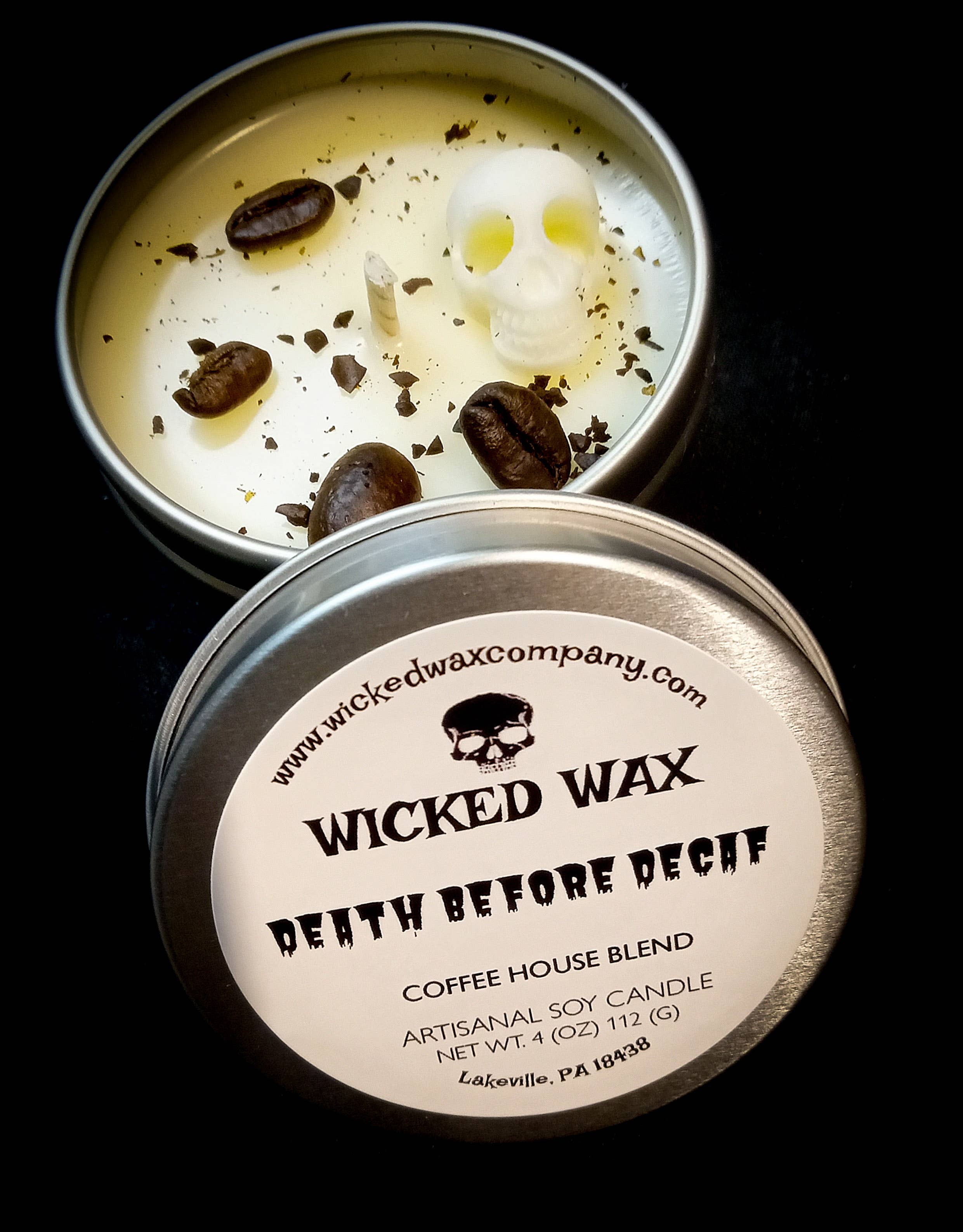 Wicked Wax - Wholesale Travel Candles - Death Before Decaf skull coffee candle2