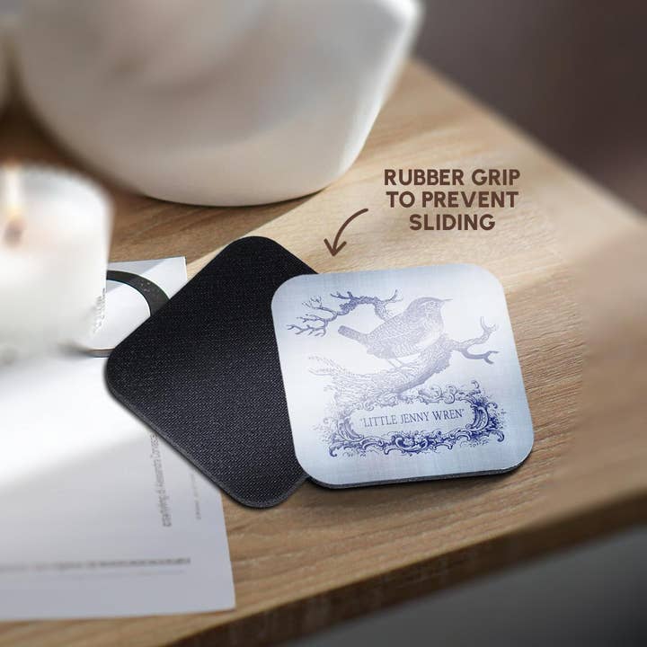 3dRose - Wholesale Coasters - 3dRose, Little Jenny Wren- pretty little bird and cartouche in blue, Coaster10