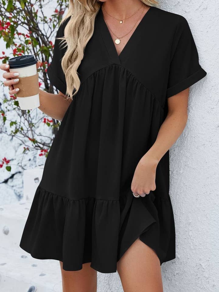 HIDDENBRAND - Wholesale Dress - Women's - v neck short sleeve ruffle babydoll dress