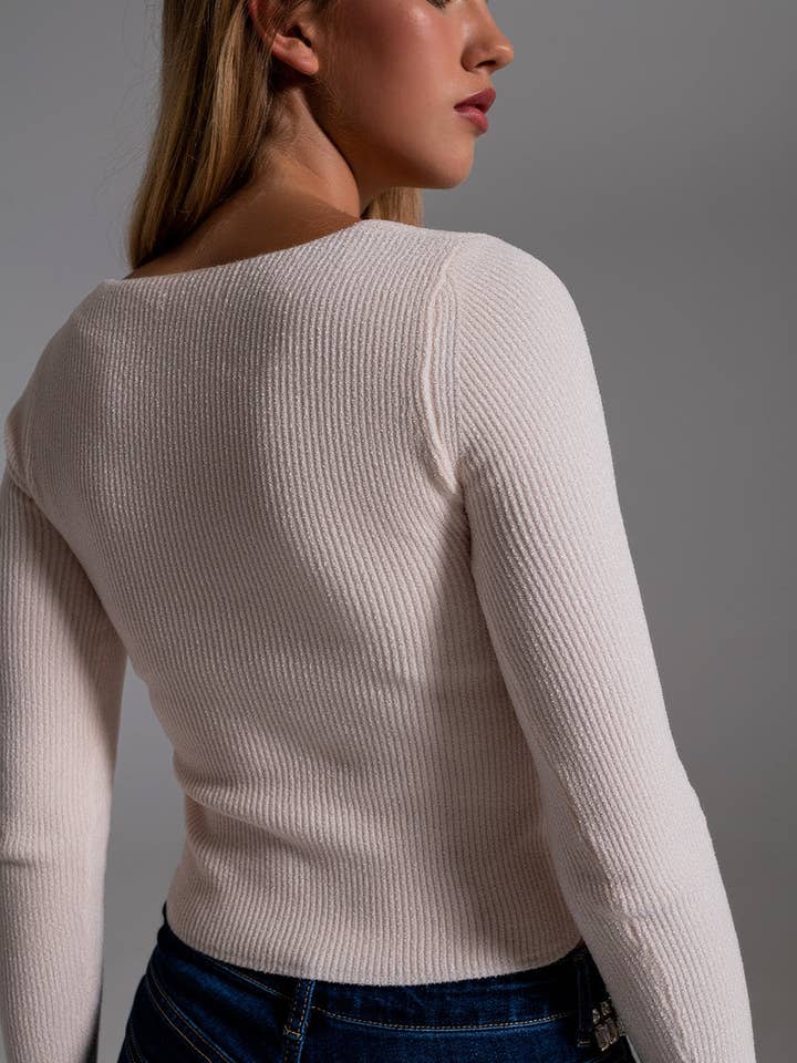 Branco Sweater Decote Chenille em Namorado em creme para venda a revendedores na Faire1