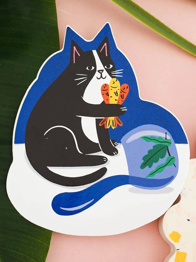 Cat With Fish Bouquet - Colourful Vinyl Sticker for wholesale by Nat Ellis Illustration