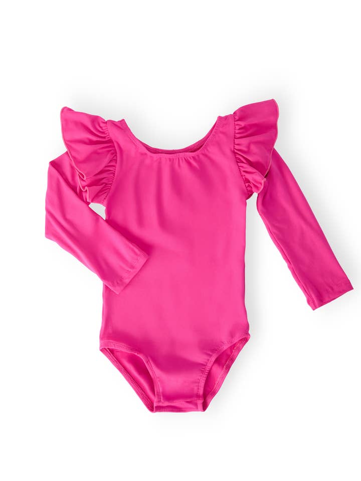 Hot Pink L/S Flutter Sleeve Leotard for wholesale by Mila & Rose