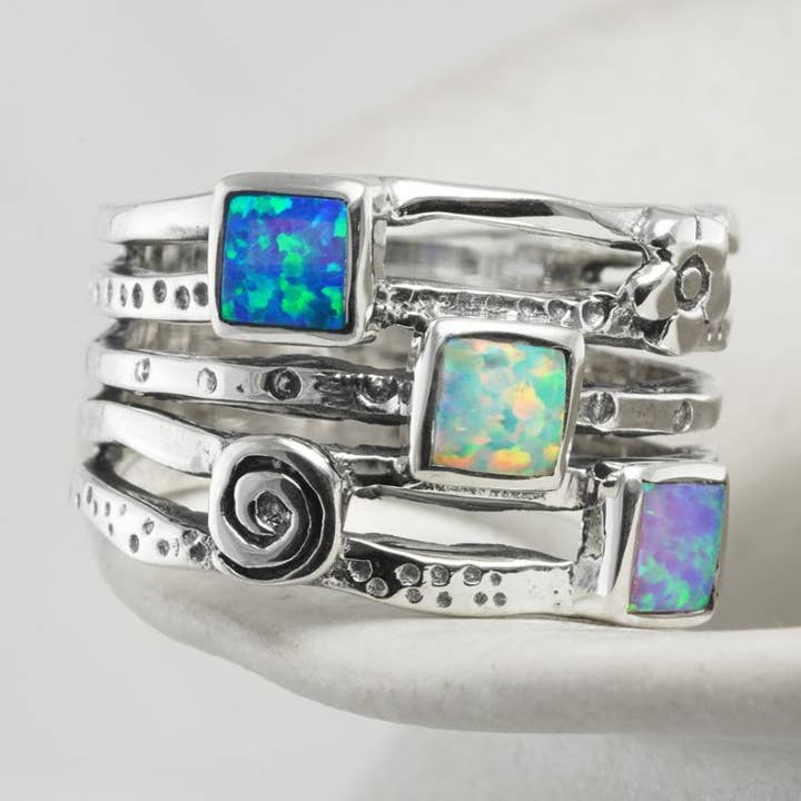 Handmade Sterling Silver Multi Opalite and Flower Ring for wholesale by Banyan Jewellery