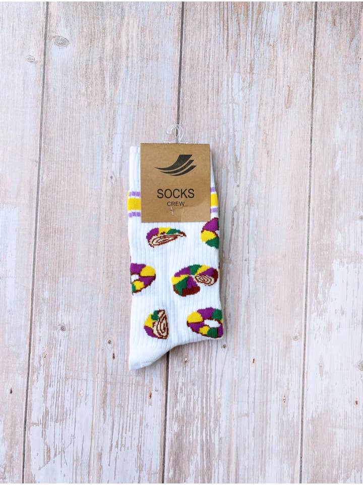 Mardi Gras Creations - Wholesale Socks - Unisex - White Let Them Eat King Cake Ribbed Socks1
