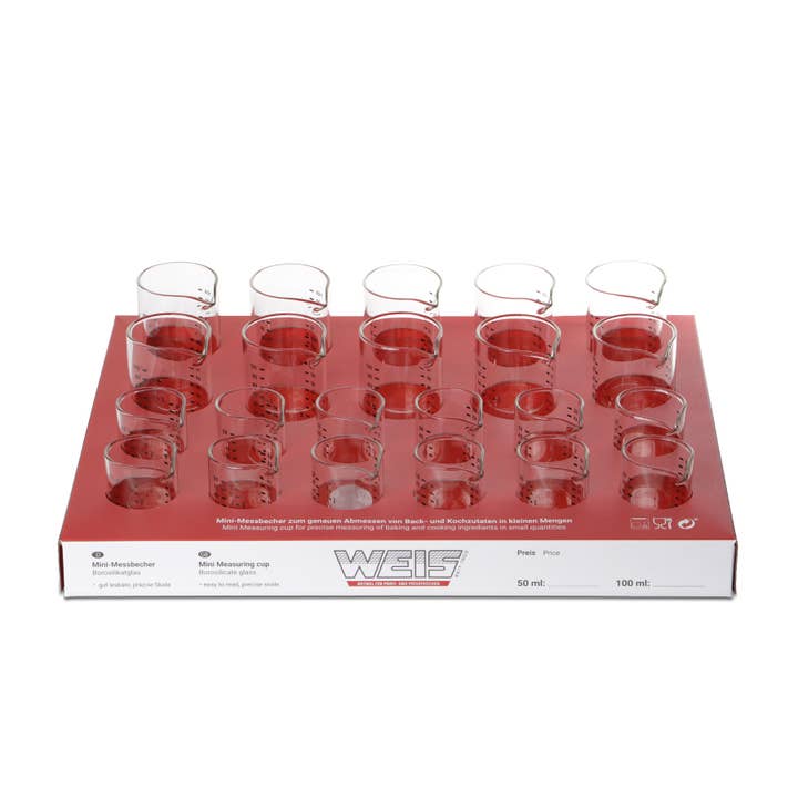 Karl Weis – Großhandel Messbecher – Mini Messbecher Glas Display 22 Stück: 12X 50ml + 10X 100ml